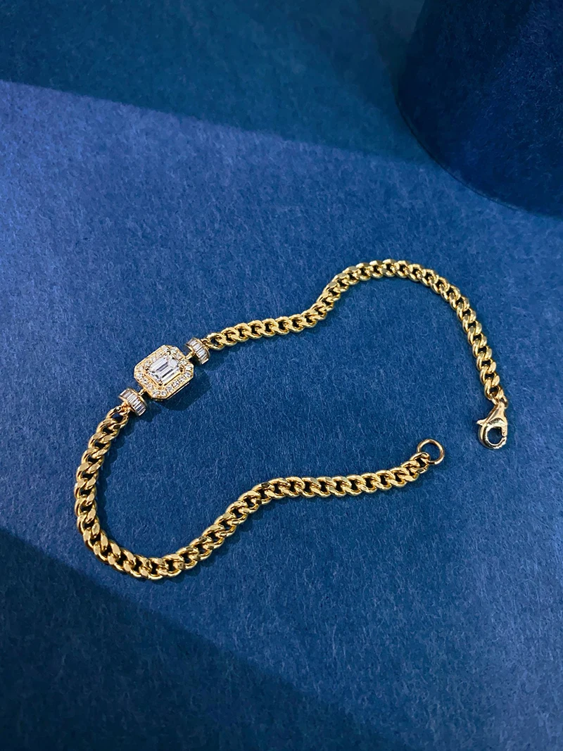 LUOWEND 100% 18K Yellow Gold Bracelet Cuban Chain Fashion INS Style Real Natural Diamond Bracelet for Women High Wedding Jewelry