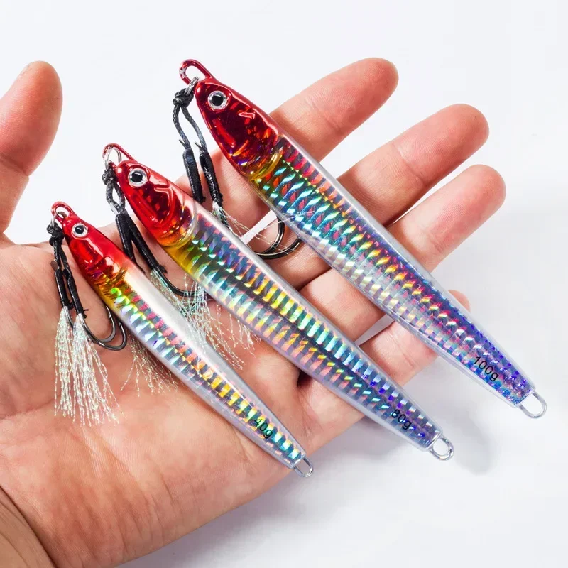 40g 80g 100g Luminous Fast Jigging Casting Lure 7Colors Fishing Metal Jig Bait With Double Assist Hook