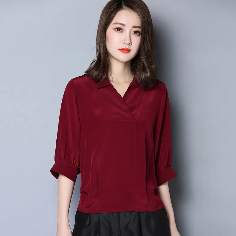 Summer Drape Temperament Tops Ladies Fashion Pullovers Solid Color Interior Lapping Women\'s Clothing Casual 3/4 Sleeve T-Shirts