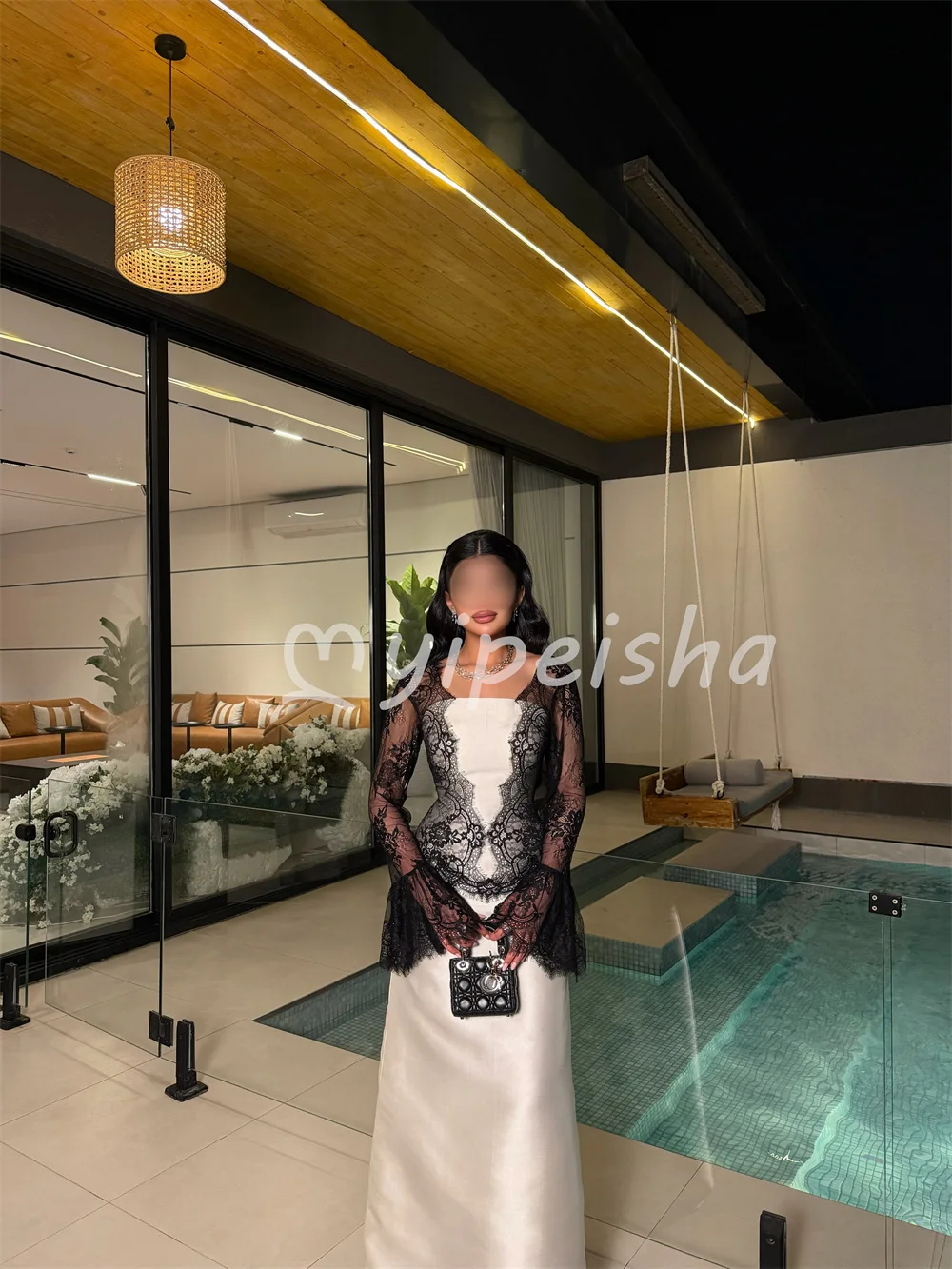 Matching Exquisite Charmeuse Pleat Lace Mermaid Square Neck Floor-Length Evening Dresses Women's Party Gowns Customized