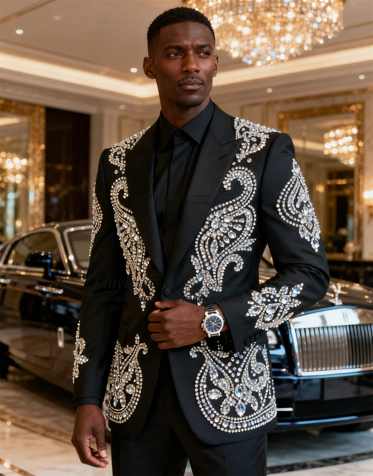 

Handmade Beaded Diamond Men Suits 2 Pieces Sets Wedding Party trajes para hombre Customized Peaked Lapel Groom Party Blazer