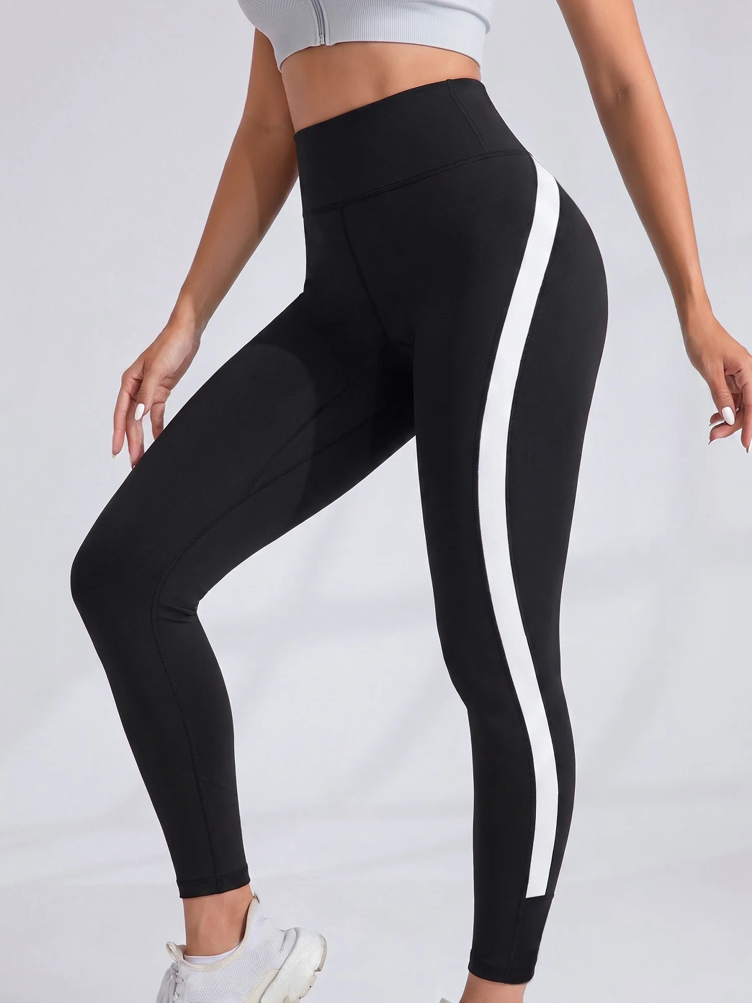Slim Fit Women Casual Trousers High Waist White Curved Side Stripe Breathable Street Skinny Leggings