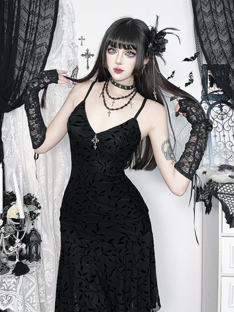 AltGoth Fairycore Grunge Gothic Flockingชุดผู้หญิงDark Vintage Elegantสปาเก็ตตี้สายคล้องคอเอวไม่สม่ําเสมอHemชุดหญิง