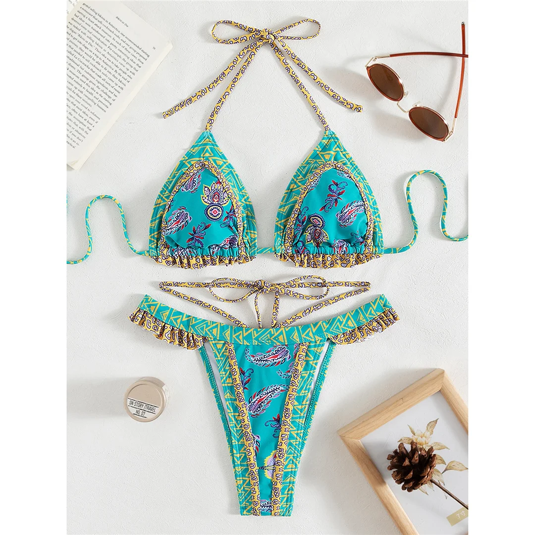 5 Farben, sexy, bedruckter Bikini mit Rüschen, Damen-Badebekleidung, zweiteiliger Bikini, Badeanzug, Badebekleidung, Modell V4651. – Detail 18
