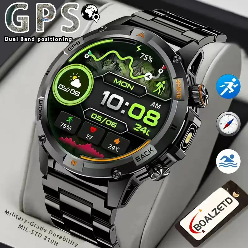 

2025 New military Dual-band GPS Compass SmartWatch Bluetooth call SWIM IP68 Waterproof outdoor Sport SmartWatch For Men's Gifts