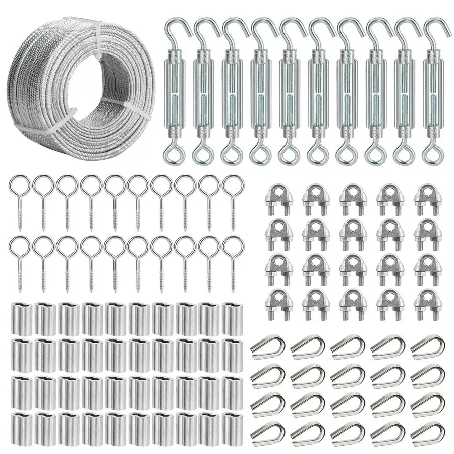 

Комплект из 8 тросов, стальной трос с ПВХ-покрытием 200 футов и натяжителем для опоры для садовых растений, веревки для белья, гирлянд, лестничных поручней