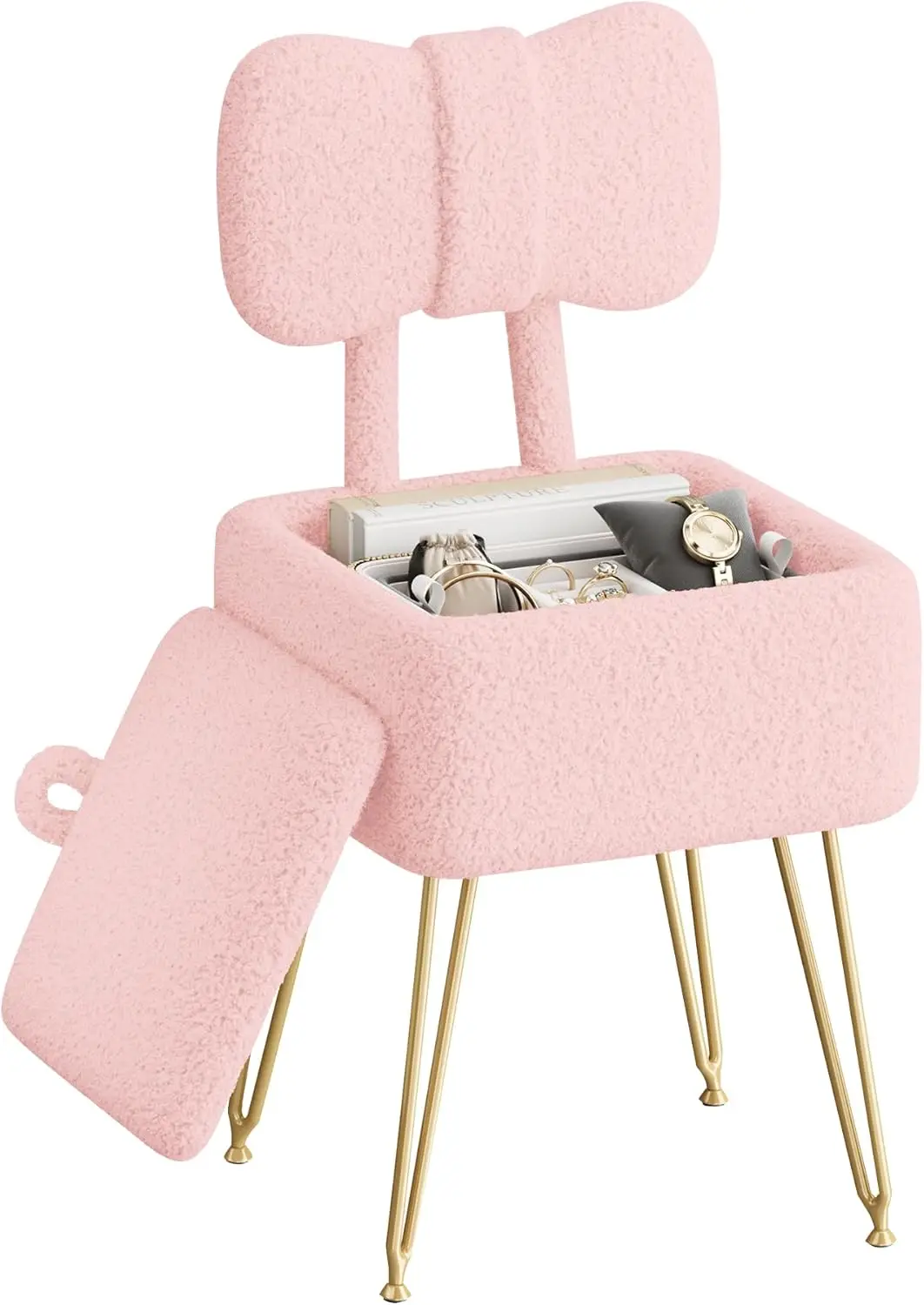 Pink Small Storage Vanity Stool with Foldable Backrest, Soft Padded Makeup Seat