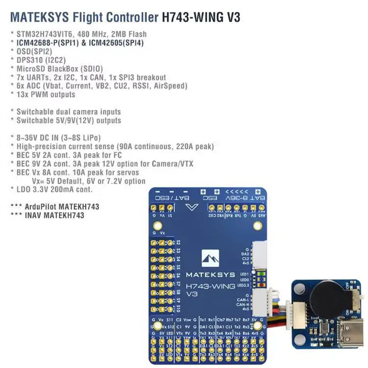MATEK H743-WING V3 flight control, dual cameras, open source, fixed wing, support apm