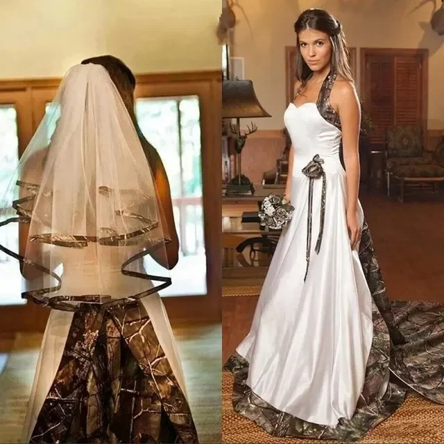 A-Line Camo Wedding Dress Long Train Halter Neck Backless Country Bridal Gowns Cowgirls Farm Forset Vestido De Novia Customized