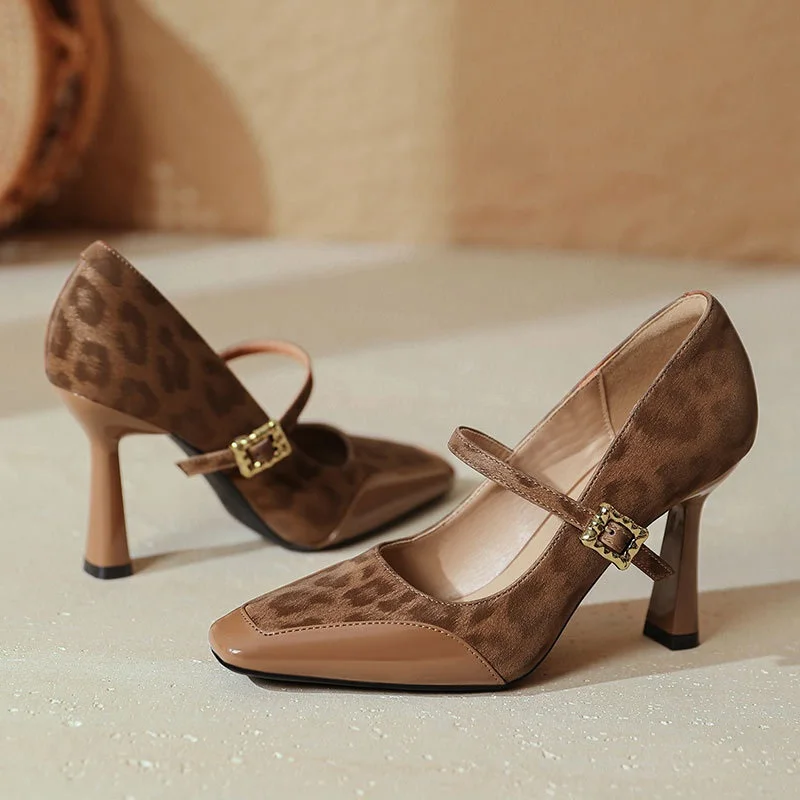 New Thin Heels Shoes Closed Toe Fashion Sexy Heel Shoess Square Toe Women Footwear Lady Pumps Sexy Leopard Evening Shoes S060