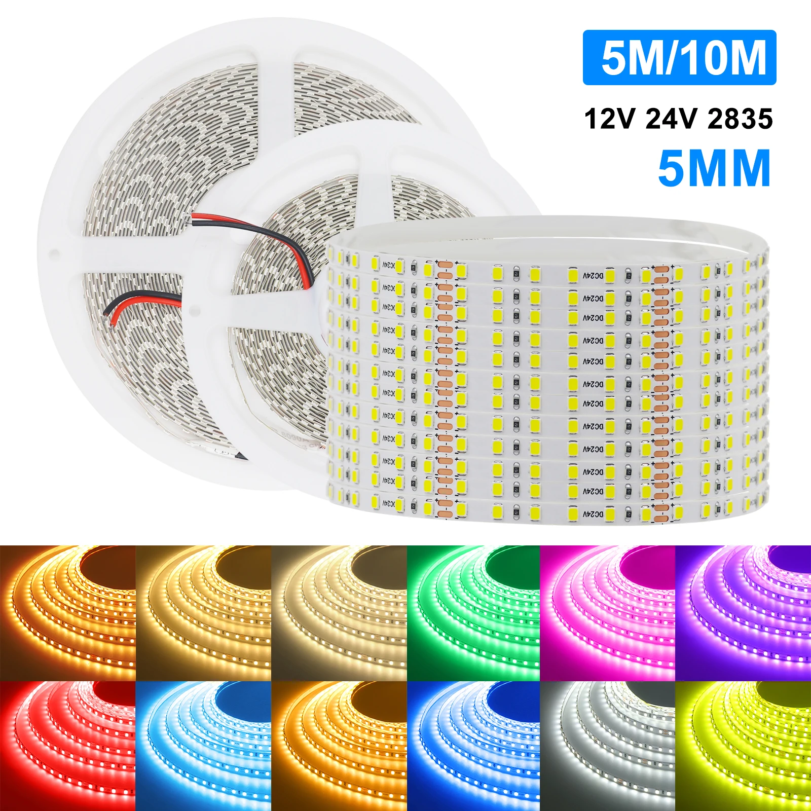 

Светодиодная лента 5 мм, 12 В, 24 В, высокая яркость, 2835, 120 светодиодов, гибкая светодиодная лента, 5 м, 10 м, веревочный светильник с клейкой лентой для льда
