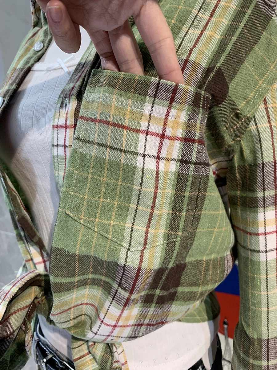 Vintage Green Plaid Y2k T-Shirts Spring Lapel Single Breasted Pocket Cotton Blouse Tops Casual Streetwear Long Sleeve Tee Top