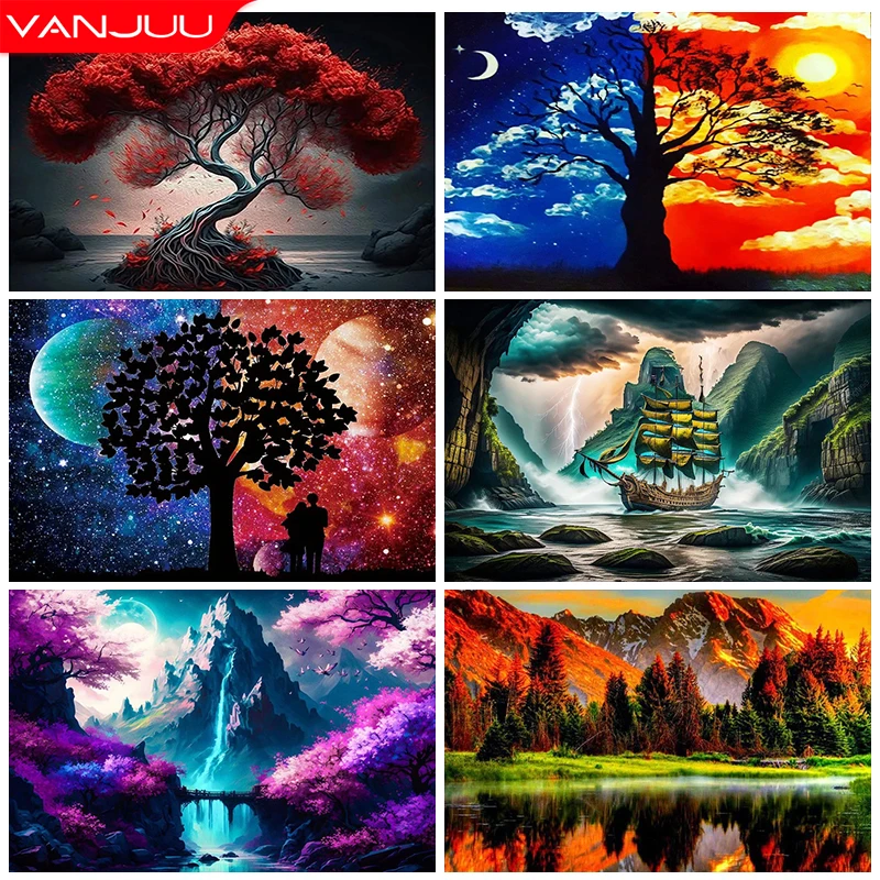 5D DIY Diamond Painting Kit Boat Diamond Embroidery Painting Landscape Trees Full Diamond Mosaic Art Rhinestone Decor Pictures