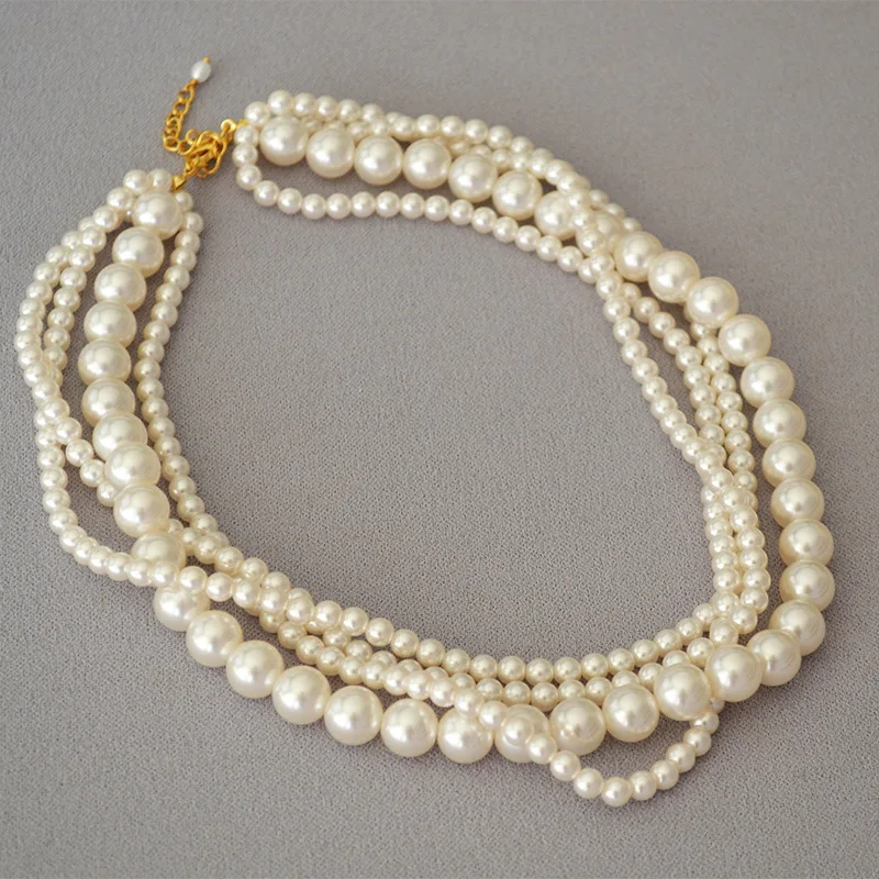 Korean version of high brightness artificial size pearl winding multi-layer woven ribbon mixed necklace temperament for women