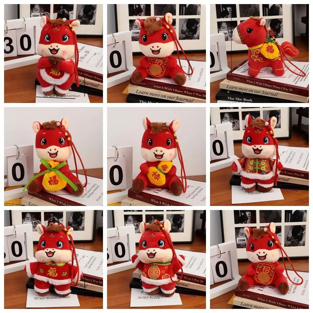 Tradicional dos desenhos animados cavalo recheado pingente vermelho sorte pônei boneca de pelúcia bordado bonito chinês zodíaco cavalo boneca decoração para casa