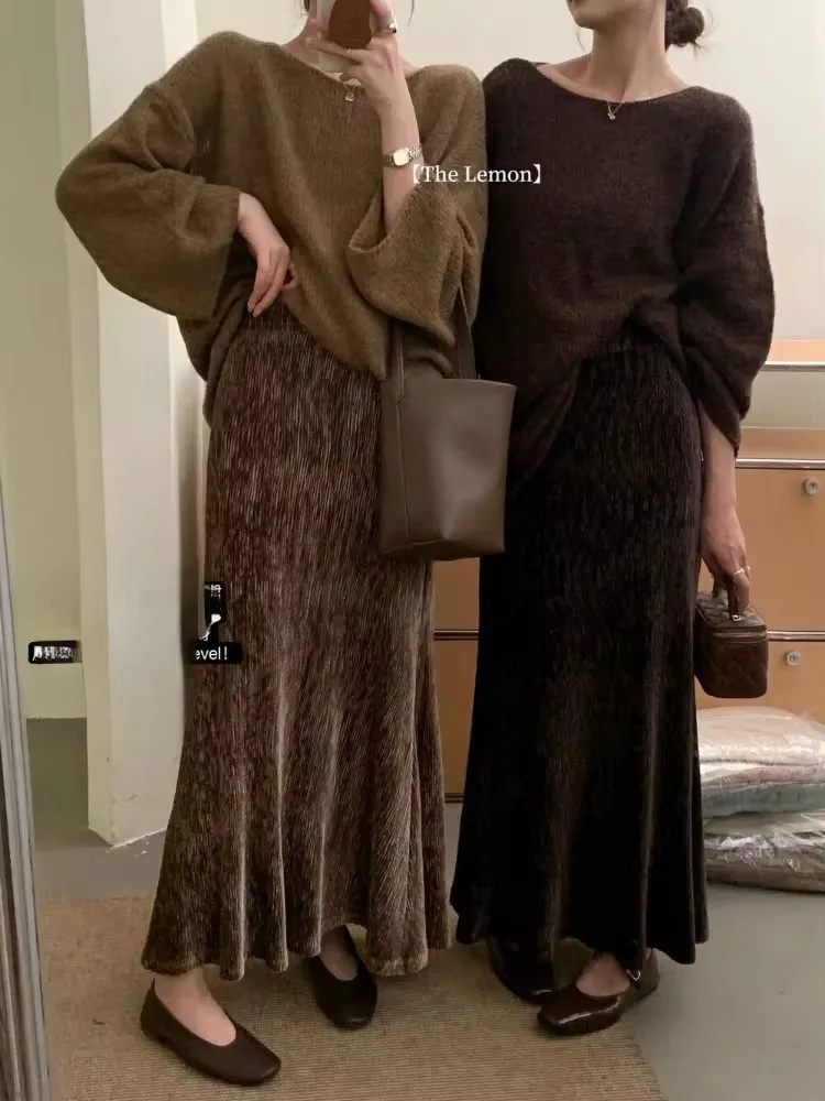 Autumn Winter Women\'s Skirt High Waisted Solid Vintage Velvet Skirts for Women New Fashion Elegant Casual Long Skirt Woman 2024