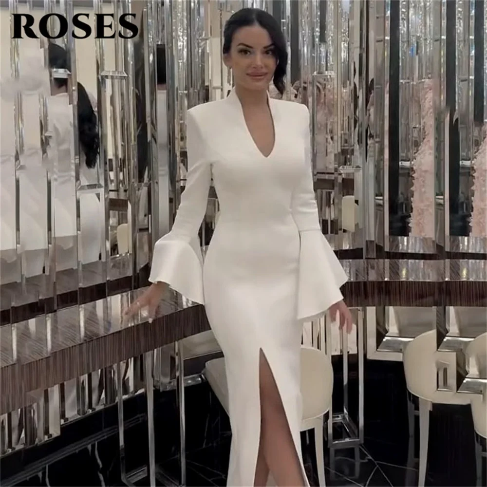 

ROSES White Party Dress V Neck فساتين السهرة Flared Sleeve Night Dress Side Slit Celebrity Dress for Woman Customize