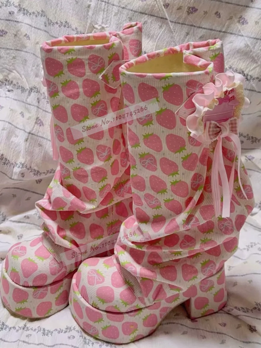 Sweet Lolita Strawberry Print Chunky Heel Mid-calf Boots Pink Ruffle Bow Slouchy Pleated Middle Boots Kawaii Y2K Cosplay Shoes