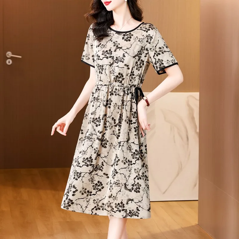 2024 Floral Short Sleeve Loose Long Dress Summer Fashion Elegant Casual Beach Dress Women Korean Vintage Bodycon Dress