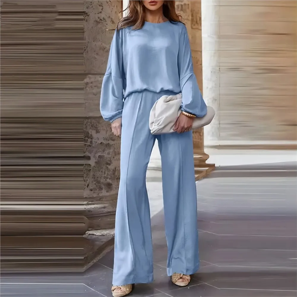 Spring Autumn Fashion Solid Color Women\'s Office Suit Lantern Sleeve Wide Leg Trousers Casual Simple Elegant 2piece Set Female