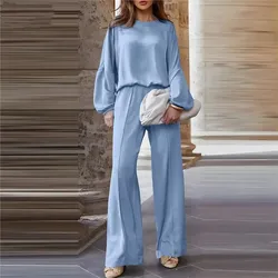 Spring Autumn Fashion Solid Color Women's Office Suit Lantern Sleeve Wide Leg Trousers Casual Simple Elegant 2piece Set Female