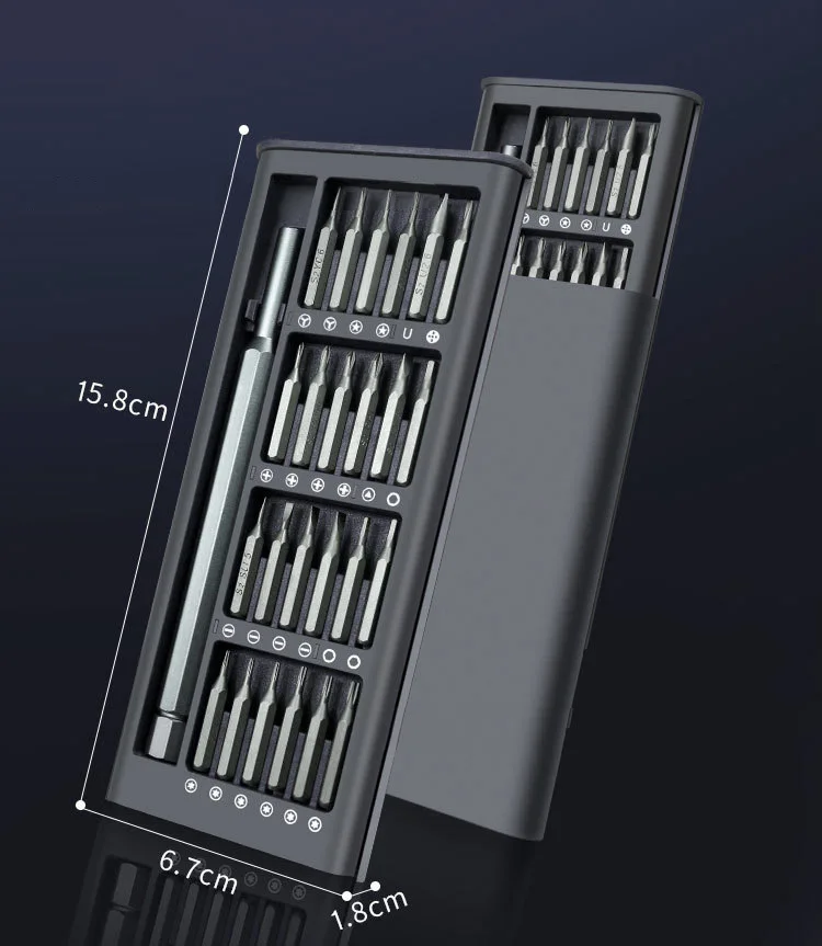 Set Obeng Presisi 24-In-1 dengan Pegangan Aloi Aluminium, Bit Logam Sangat Keras, Desain Putar, Kit Pembongkaran