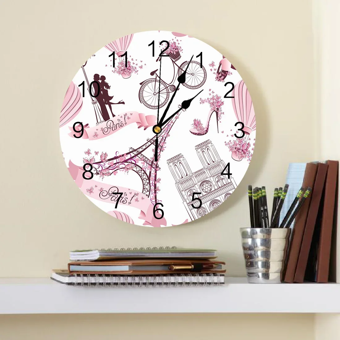 Pink Eiffel Tower High Heels Flower Hot Air Balloon Round Wall Clock Hanging Silent Clock Home Interior Bedroom Room Decor