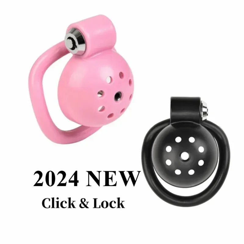 Sissy Click&Lock ABS Pink Chastity Cage Abstinence Penis Lock with 5 Size Cock Rings and Metal Urinary Catheter Adult Toys