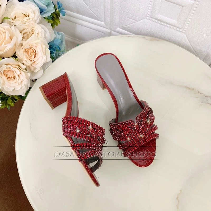 Diamond Rhinestone Banquet Shoes Woman Genuine Leather Med Hoof Heel Sexy Open Toe Slim Summer Sandals Women