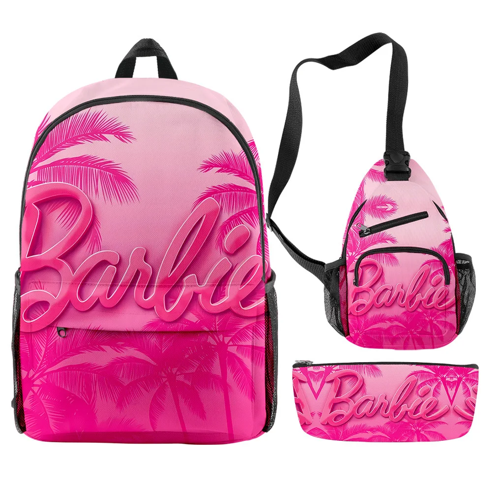 MINISO Barbie Peripheral Crossbody Bag, Pen Bag, Three-piece Set, Printed School Bag for Primary and Secondary School Students