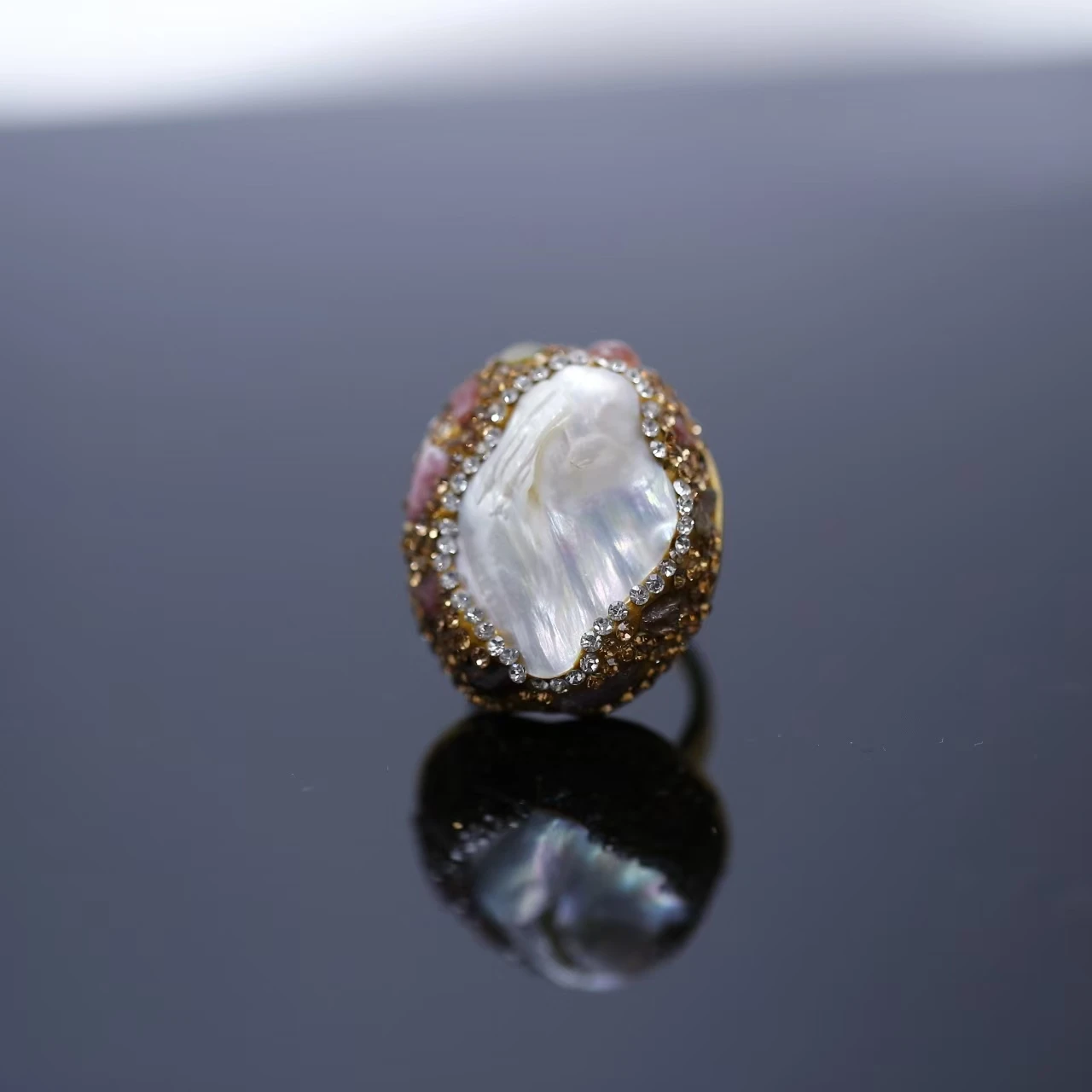 

Original Bohemian-style Tourmaline Raw Stone Paired with Freshwater White Baroque Pearl Living Ring Fine Jewelry For Woman