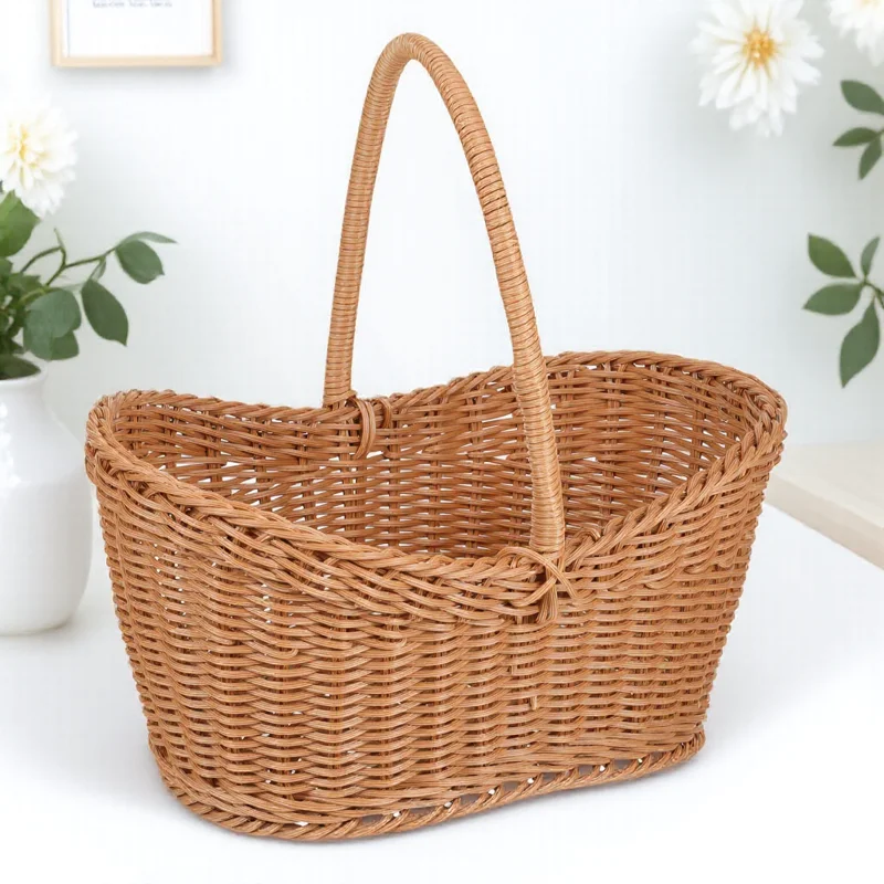 

Handmade Rattan Fruit With Handle Portable Storage Organizer Outdoor Picnic Camping Decor Snacks Bread Flower Gift Imitation