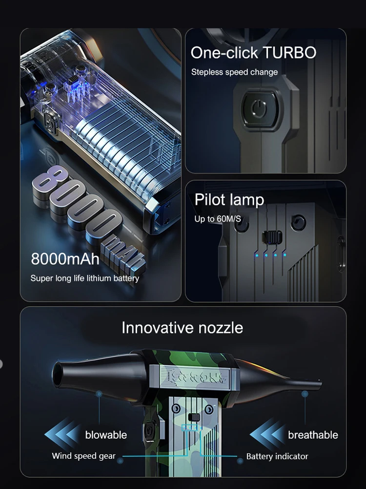 توربو منفاخ نفاث 300000 دورة في الدقيقة منفاخ هواء قوي فرش السيارات مروحة تربو سرعة الرياح 60 متر/الثانية 8000 مللي أمبير Souffleur الهواء Puissant