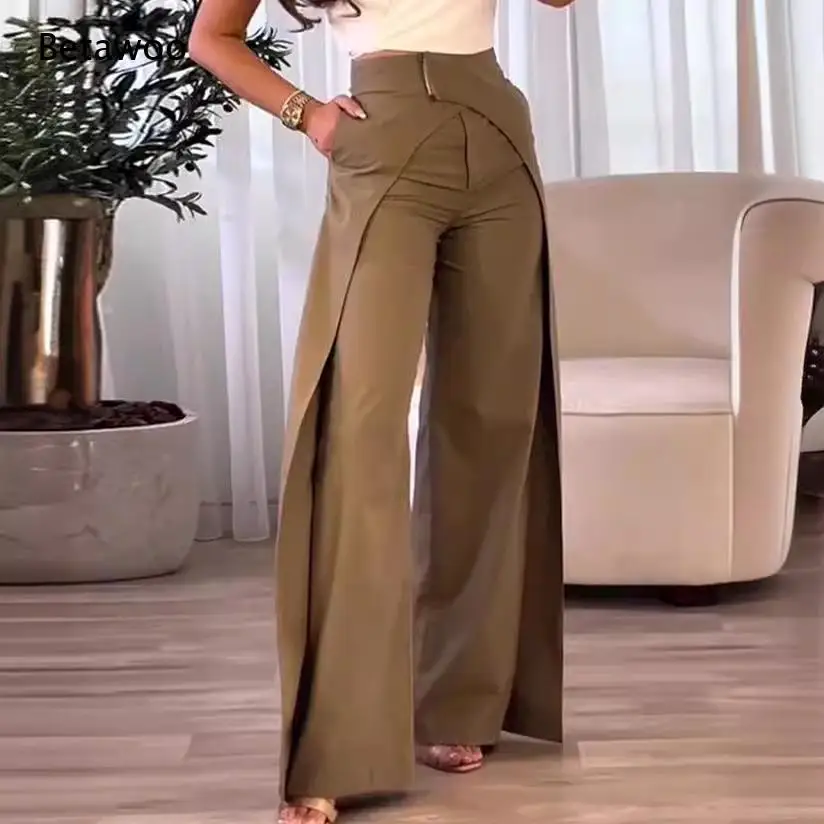High Waist Front Split Wide Leg Pants Pocket Design Casual Loose Floor Length Trousers for Women