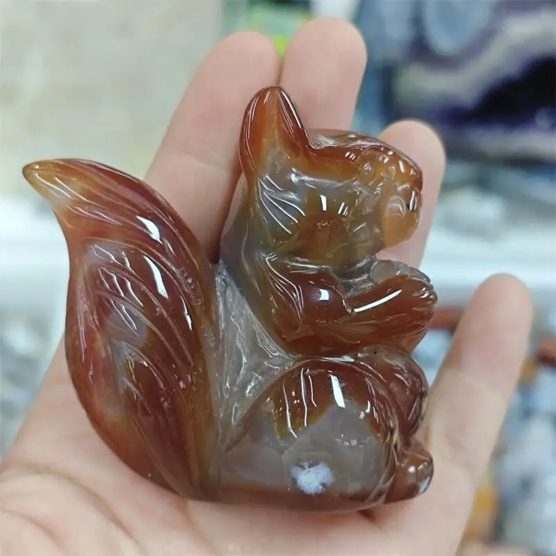 Natural Agate Squirrel carving Carving Healing Stone Energy Gemstone Cute Home Office Decoration Gift 1PCS
