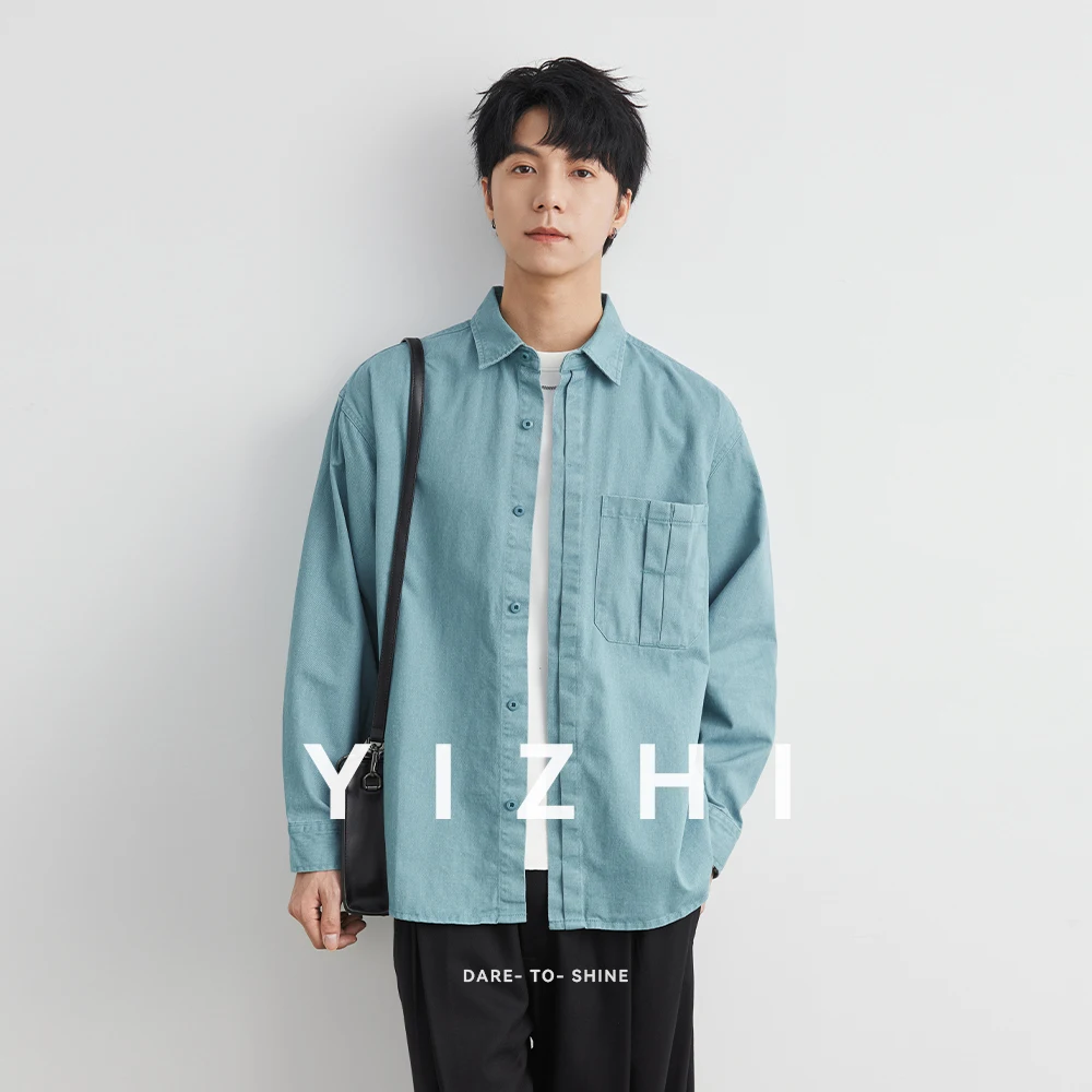 2025 Spring New Loose Casual Fashion Trendy Work Shirt Coat Men's Solid Lapel Button Pocket Water Washed Pure Cotton Shirt Top