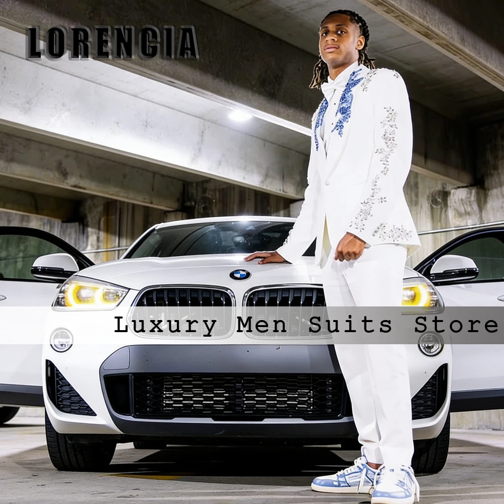 

Sparkling Applique Men Suits 2 Pieces Diamond Groom Tuxedos Evening Party Outfits Customized Blazer Pants robe mariage femme