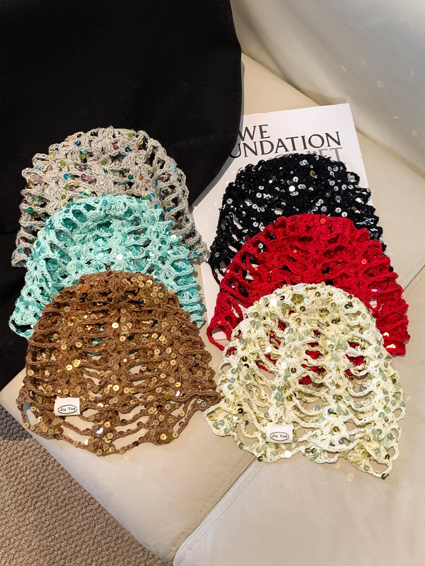 Japanese Vintage Sequined Hollow Knit Beanie Women 2026 Spring Summer New Face Slimming Fashion Crochet Beanie Cap