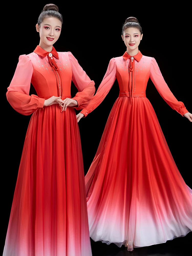 

Костюм для выступлений хора Red Song, женская длинная юбка, новая национальная одежда для танцев, церемоний и декламаций