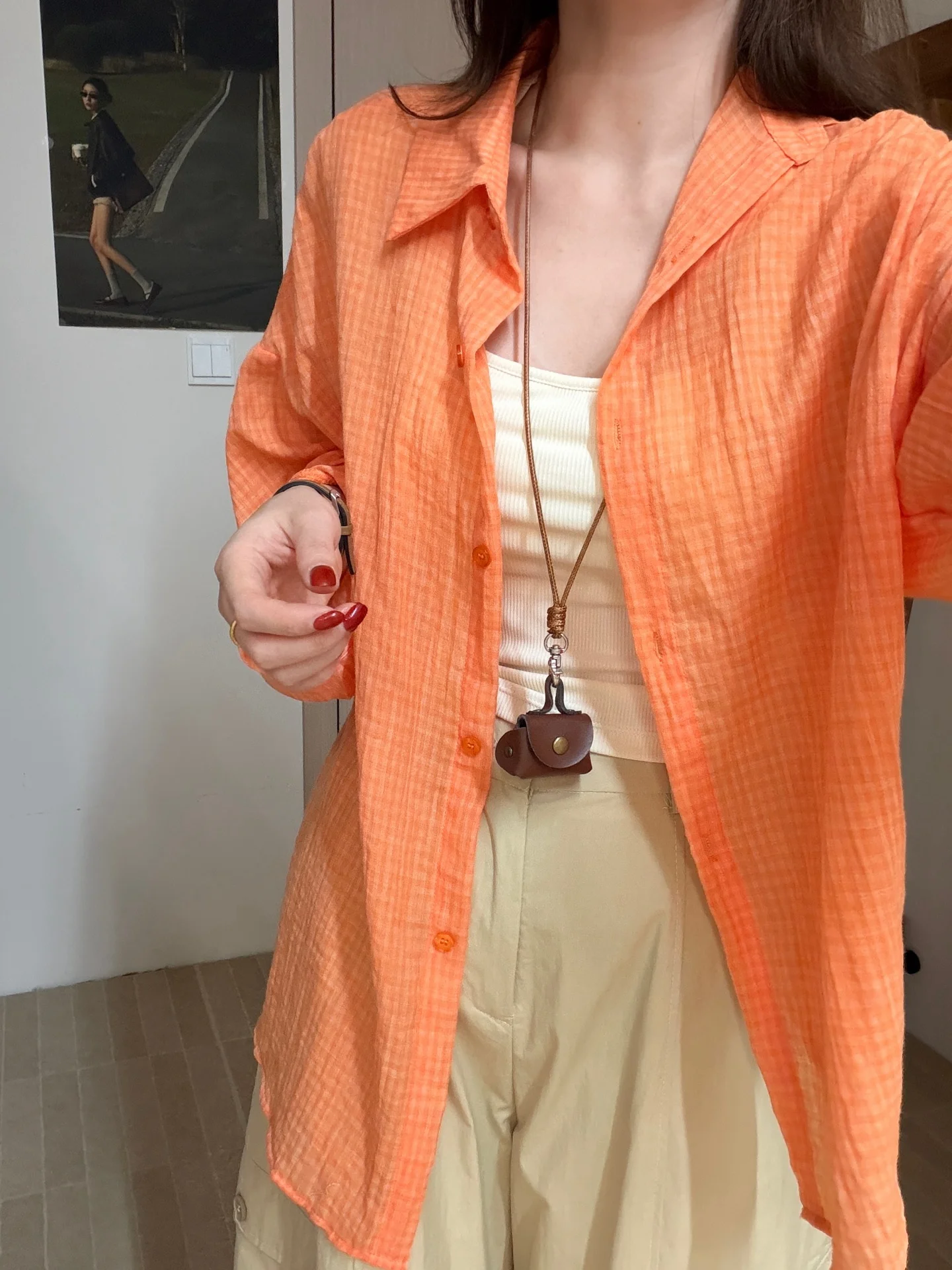 

Sun Protection Bubble Cotton Women's Shirt Summer New Style Small Grids Folded Pattern Casual Loose Fit Long Sleeve Cardigan