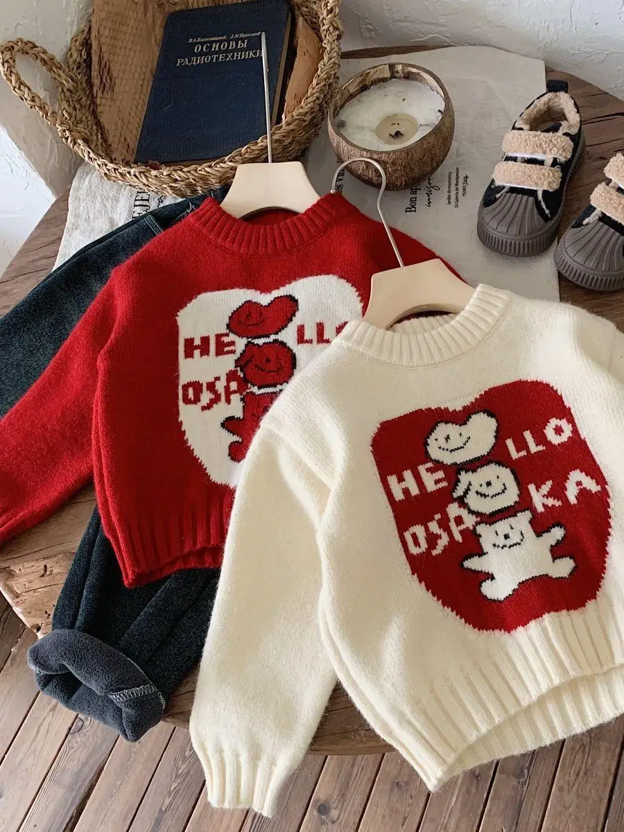 

Children's Winter Comfortable Casual Knitted Sweater Baby Girl Cartoon Cute Base Layer Top Cotton Long Sve round Ne