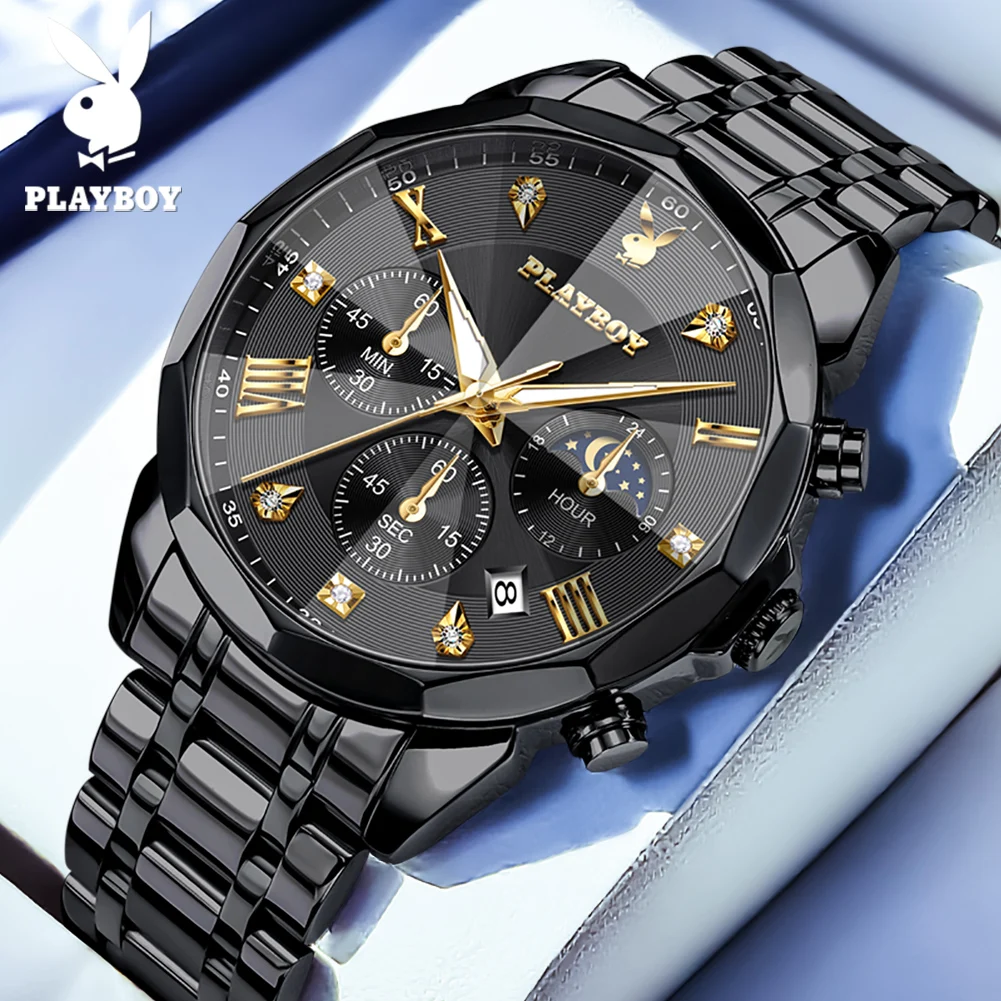 

PLAYBOY Роскошные модные многофункциональные часы для мужчин с календарем, светящийся водонепроницаемый хронограф, мужские кварцевые часы из нержавеющей стали