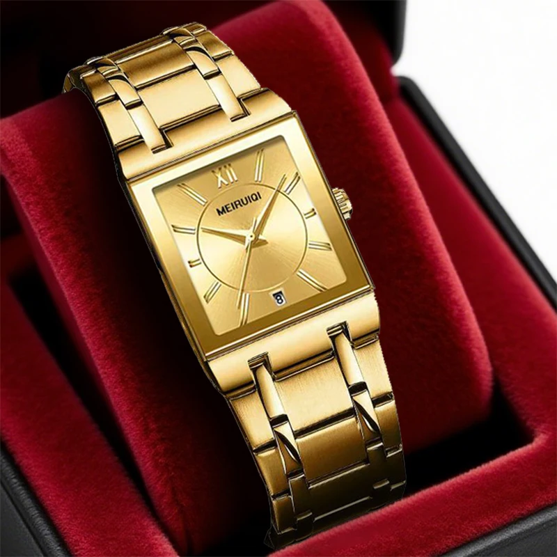 

Мужские элегантные желтые минималистичные кварцевые часы с квадратным циферблатом и указателем даты.