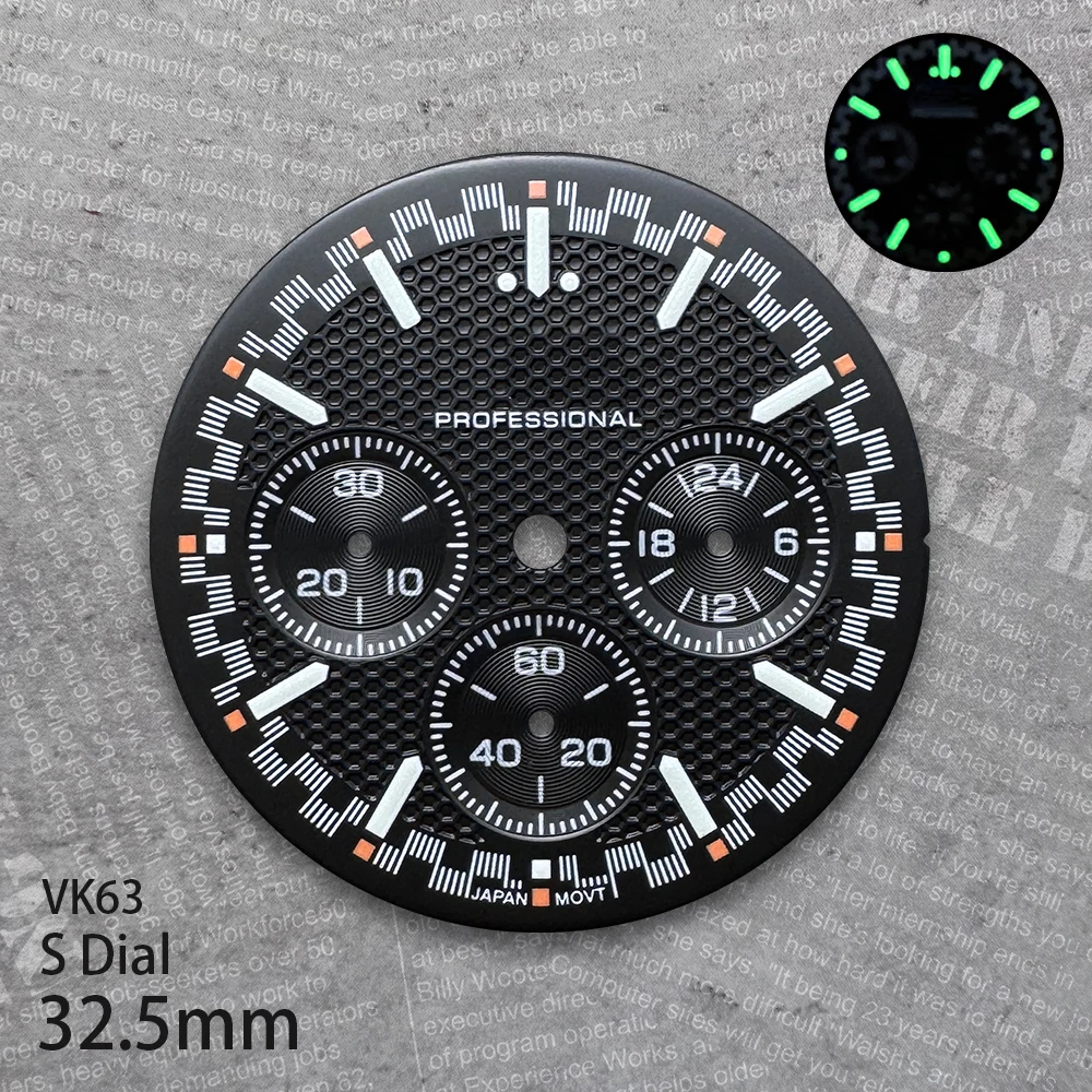 32.5 mm Panda S Logo Dial Suitable For VK63 Movement Green Luminous Mattet Quality Watch Modification Accessories