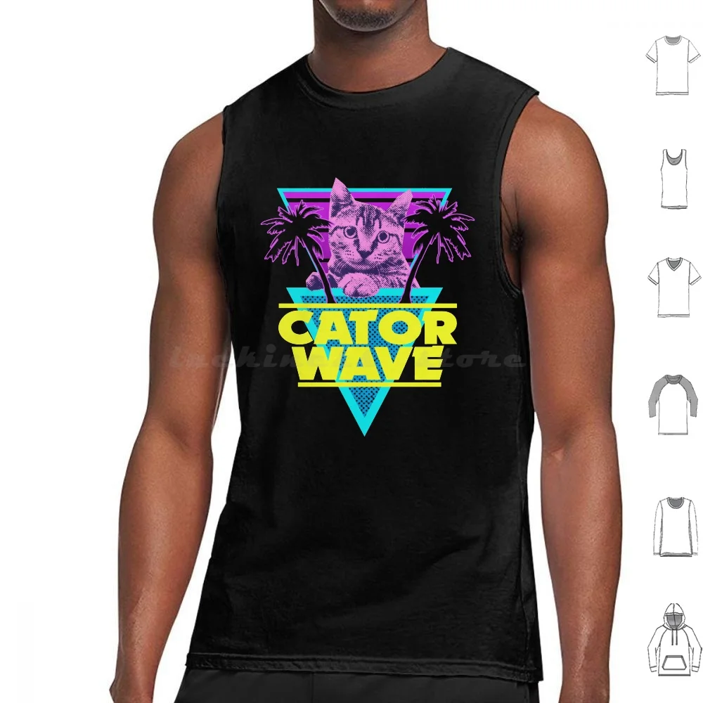 Vaporwave Aesthetic Wave Katze Cat T-Shirt Retro Tank Tops Vest Sleeveless Aesthetic Synthesizer Japan Wave Neon sthetisch