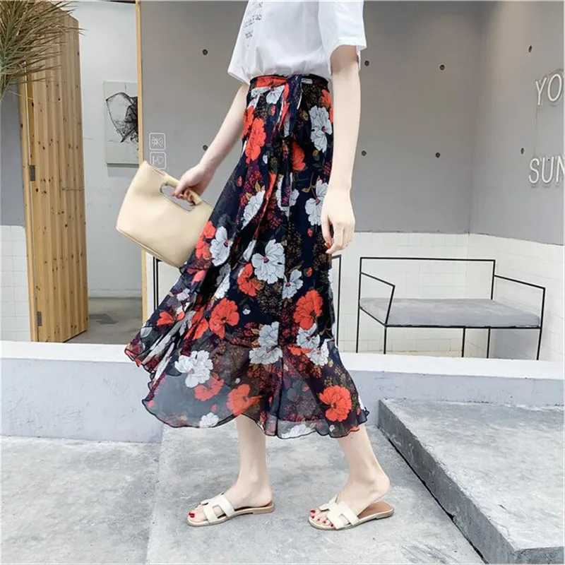 Floral impressão saias longas femininas 2026 verão assimétrico babados maxi saia feminina boho férias saias 9 cores boho roupas y2k