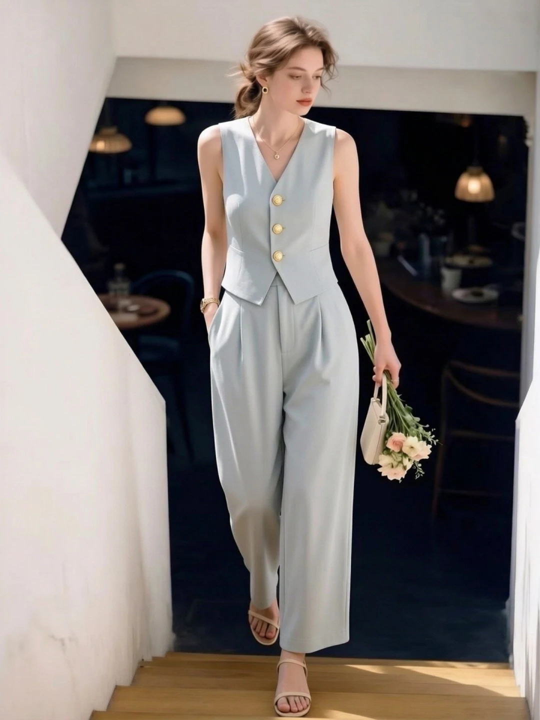 

Blue Sleeveless Vest Set Women's Summer New Professional Clothing V-neck Button Wide Leg Pants Two-piece Suite Elegant Commut...