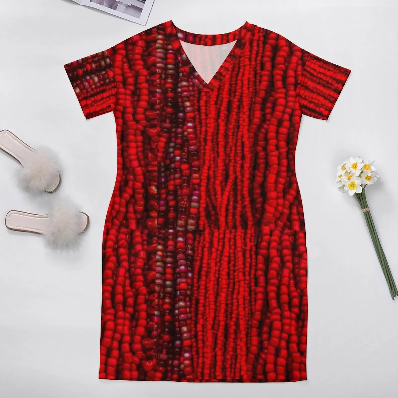 Red Beads Print Dress Plus Size Modern Art Korean Fashion Casual Dress Women Holiday V Neck Vintage Dresses Gift