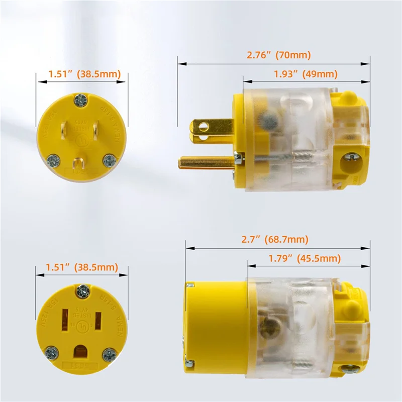 A88E-2X Set Steker dan Konektor Listrik Pisau Lurus Menyala 15 Amp 125 Volt NEMA 5-15P NEMA 5-15R Steker AS Pembumian Kawat