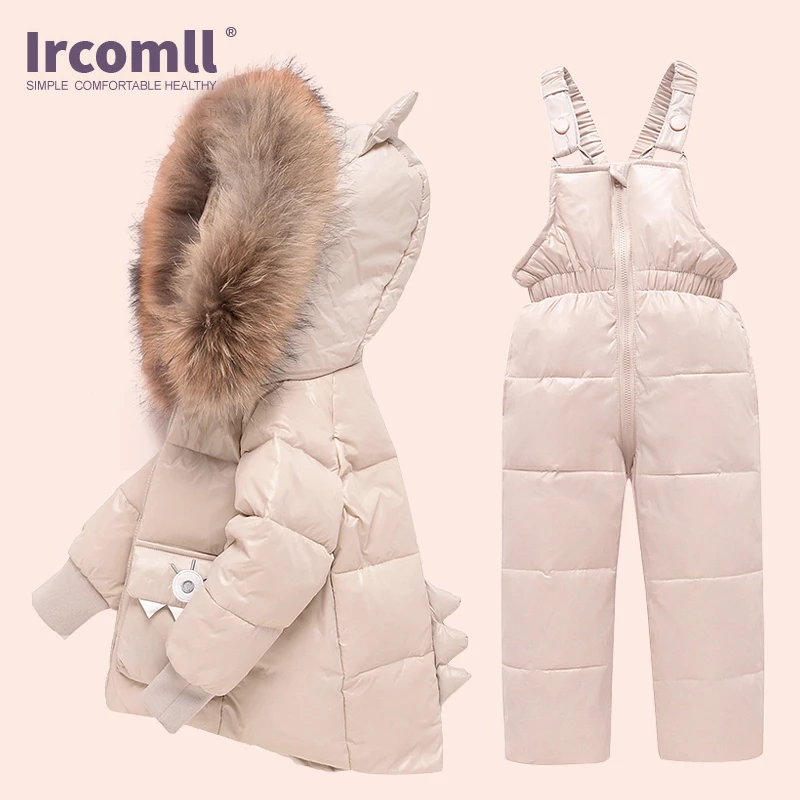 Ircomll 2PCS Winter Overalls + Jacket for girls boys outerwear Duck Down Warm Baby Child Toddler Snowsuit  shiny parka Suit